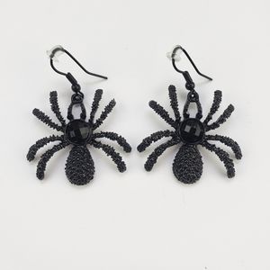 Gothic Creepy Metal Textured Jeweled Spider Wire Hook Dangle Earrings, Black